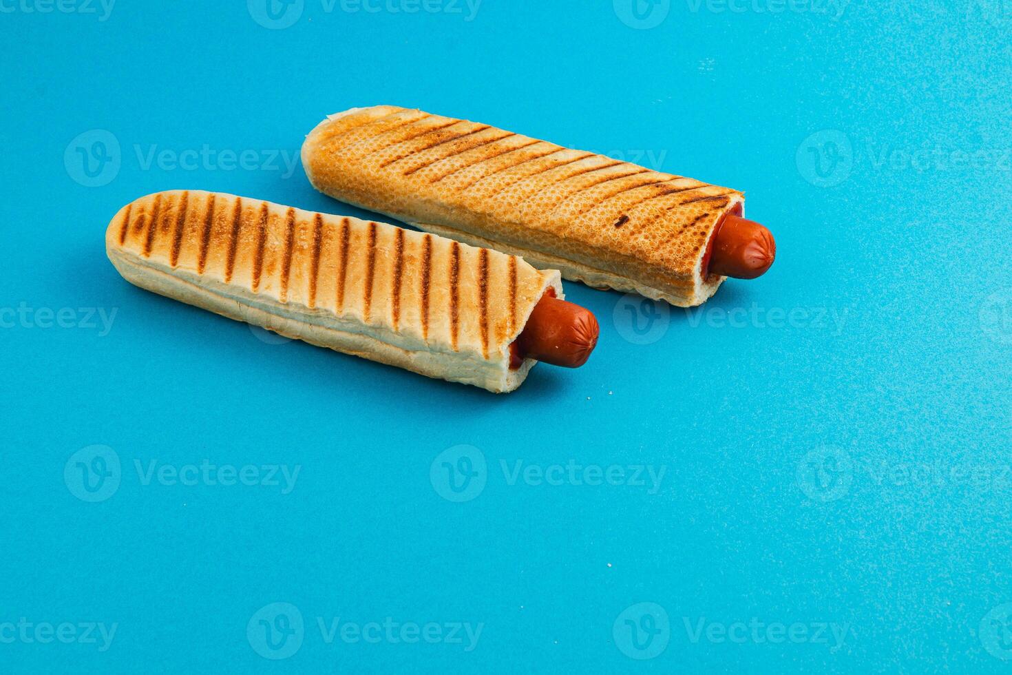Grilled hot dogs in toasted bread on blue background photo