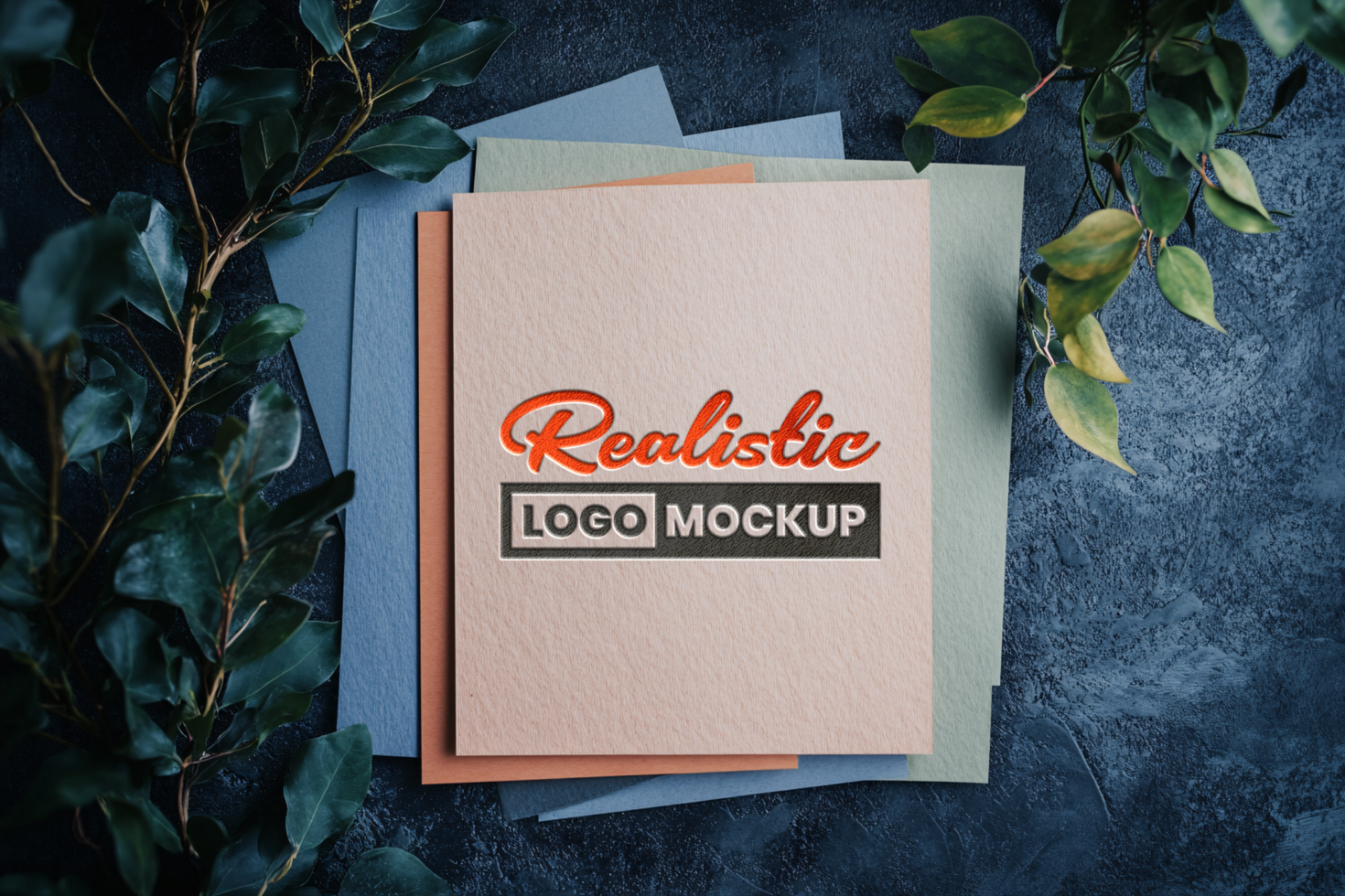 embossed logo mockup on paper with leaves psd