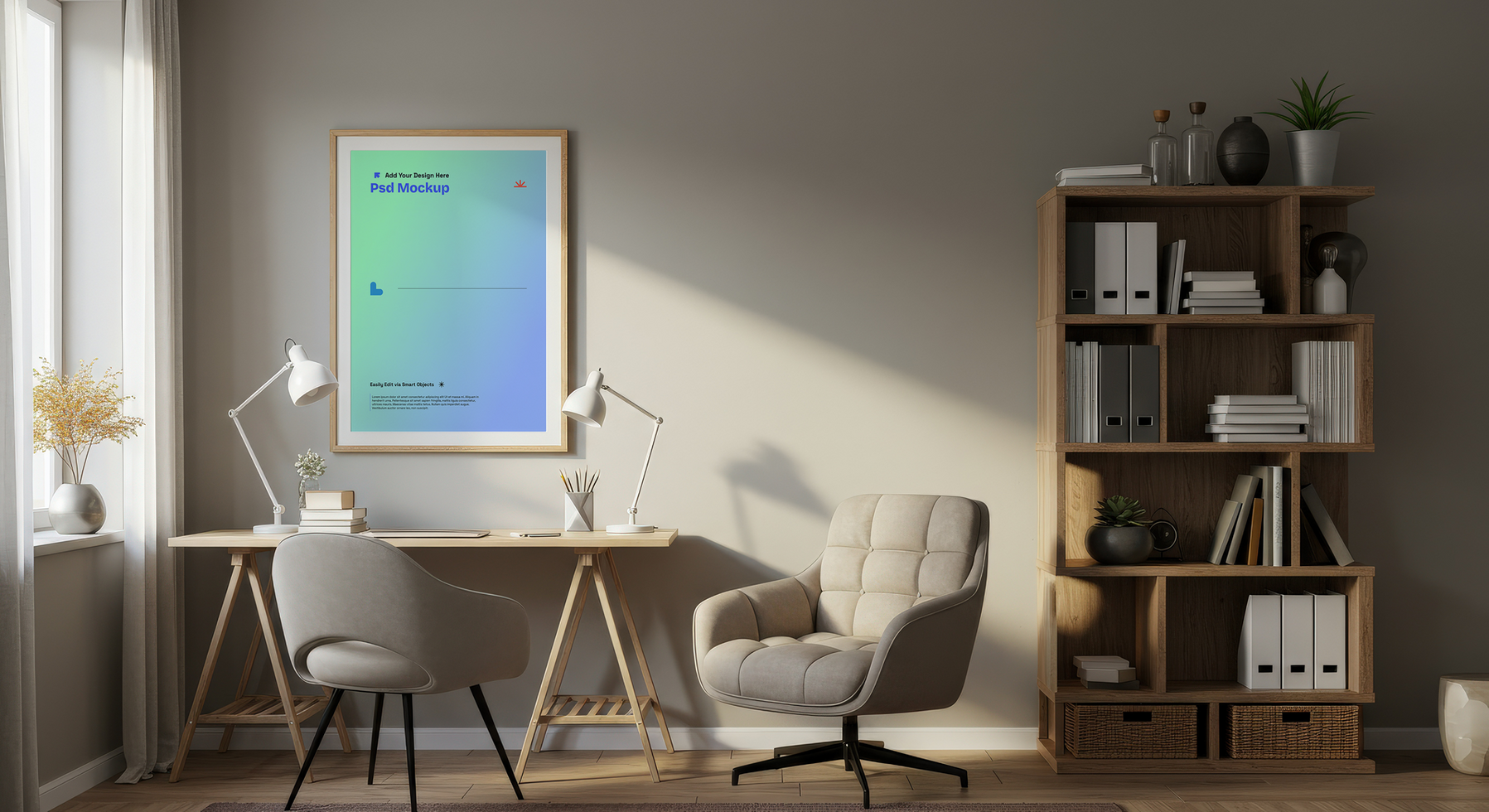 Poster Frame Mockup in Interior Setting for Artwork Presentations, 4K with Editable Layers psd