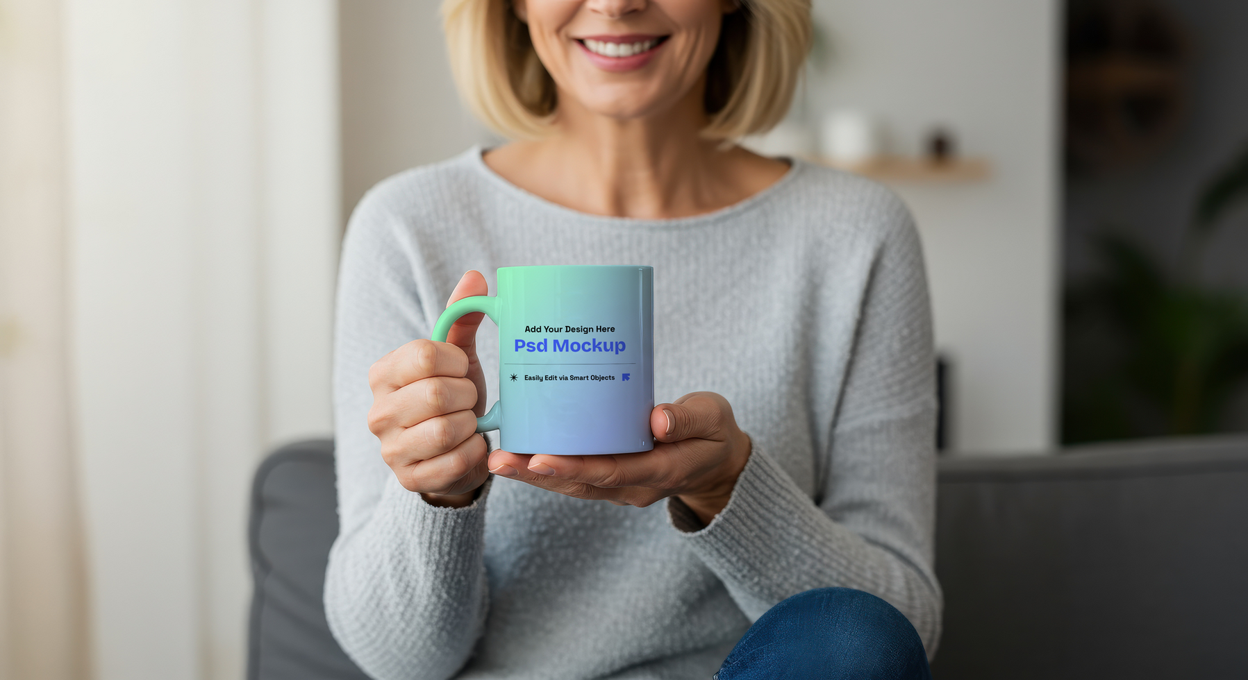 Realistic Coffee Mug Mockup with Woman Holding for Branding, 4K with Editable Layers psd