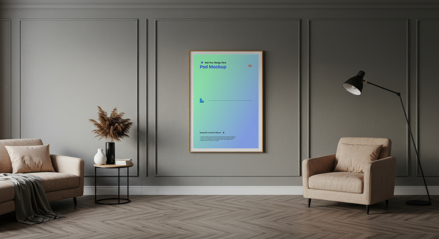 High-End Poster Frame Mockup in Modern Minimalist Interior, 4K with Editable Layers psd