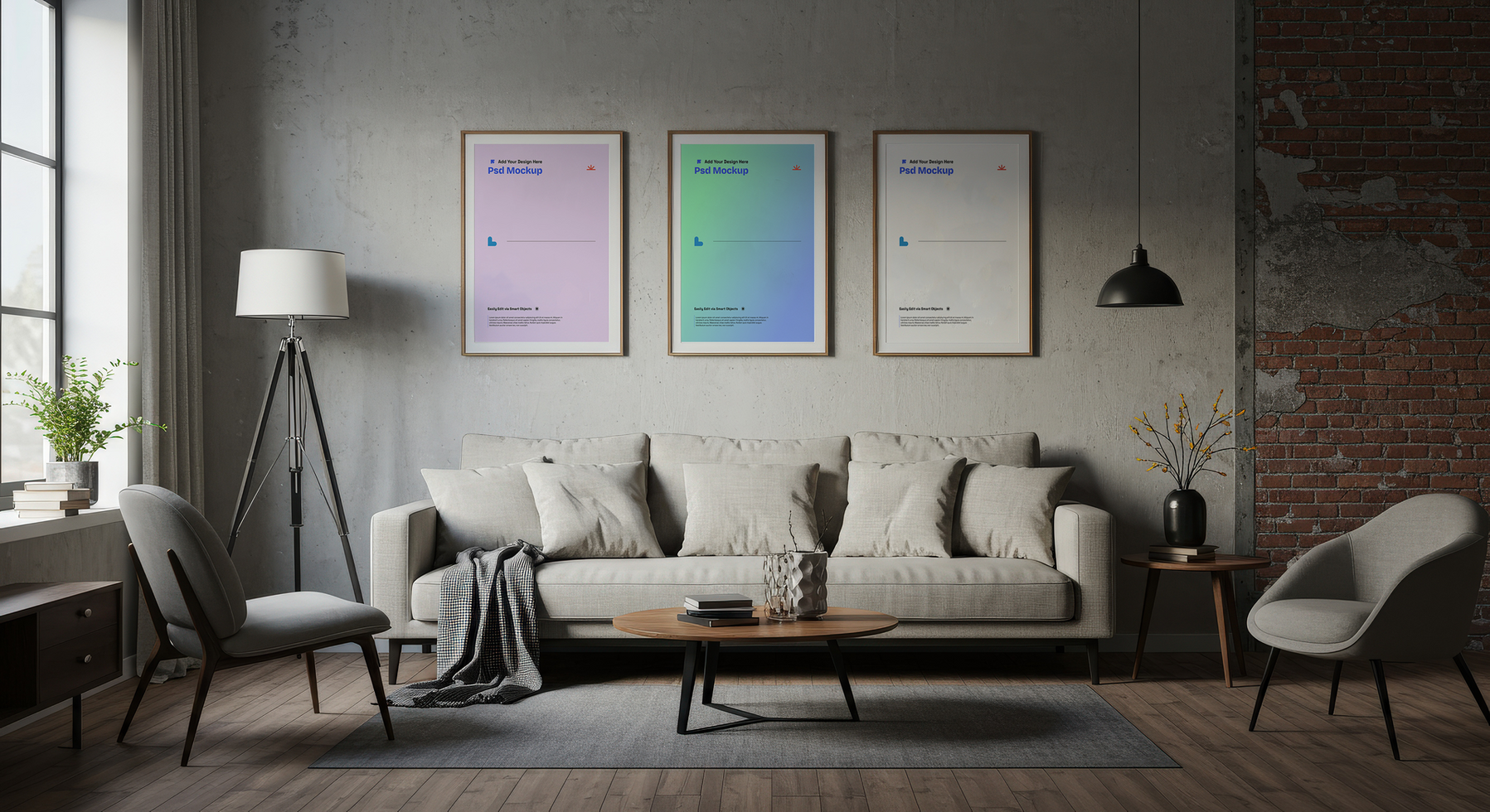 Living Room with Poster Frames Featuring Nordic Minimalism and Industrial Design, 4K with Editable Layers psd