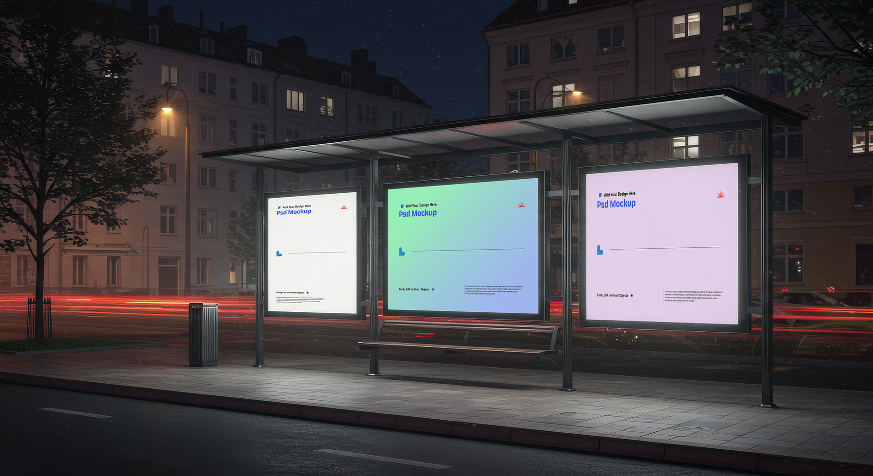 Bus Stop Advertising Mockup at Night with Three Light Billboards, 4K with Editable Layers psd