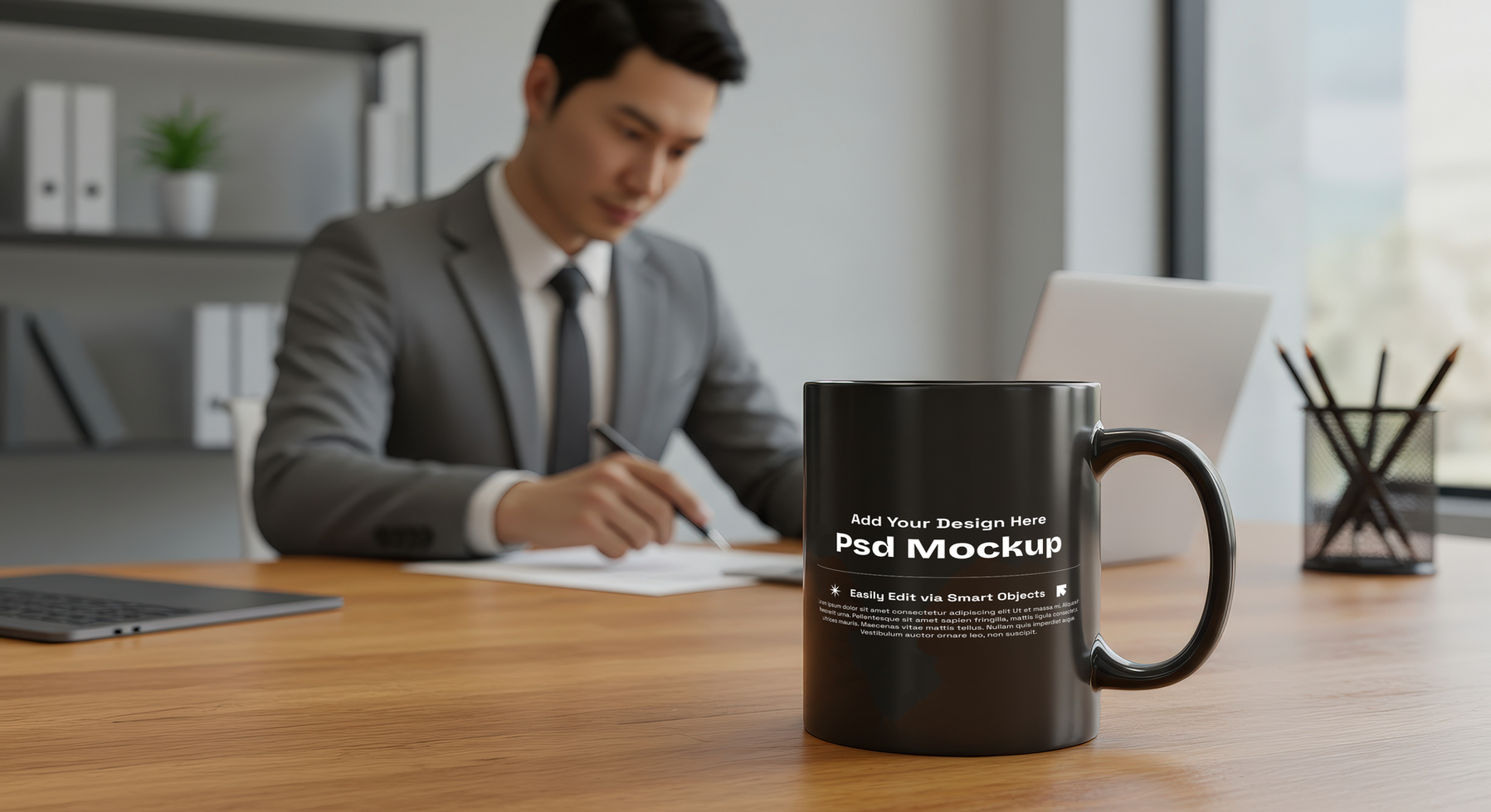 Professional Coffee Mug Mockup with Man at Desk for Branding, 4K with Editable Layers psd
