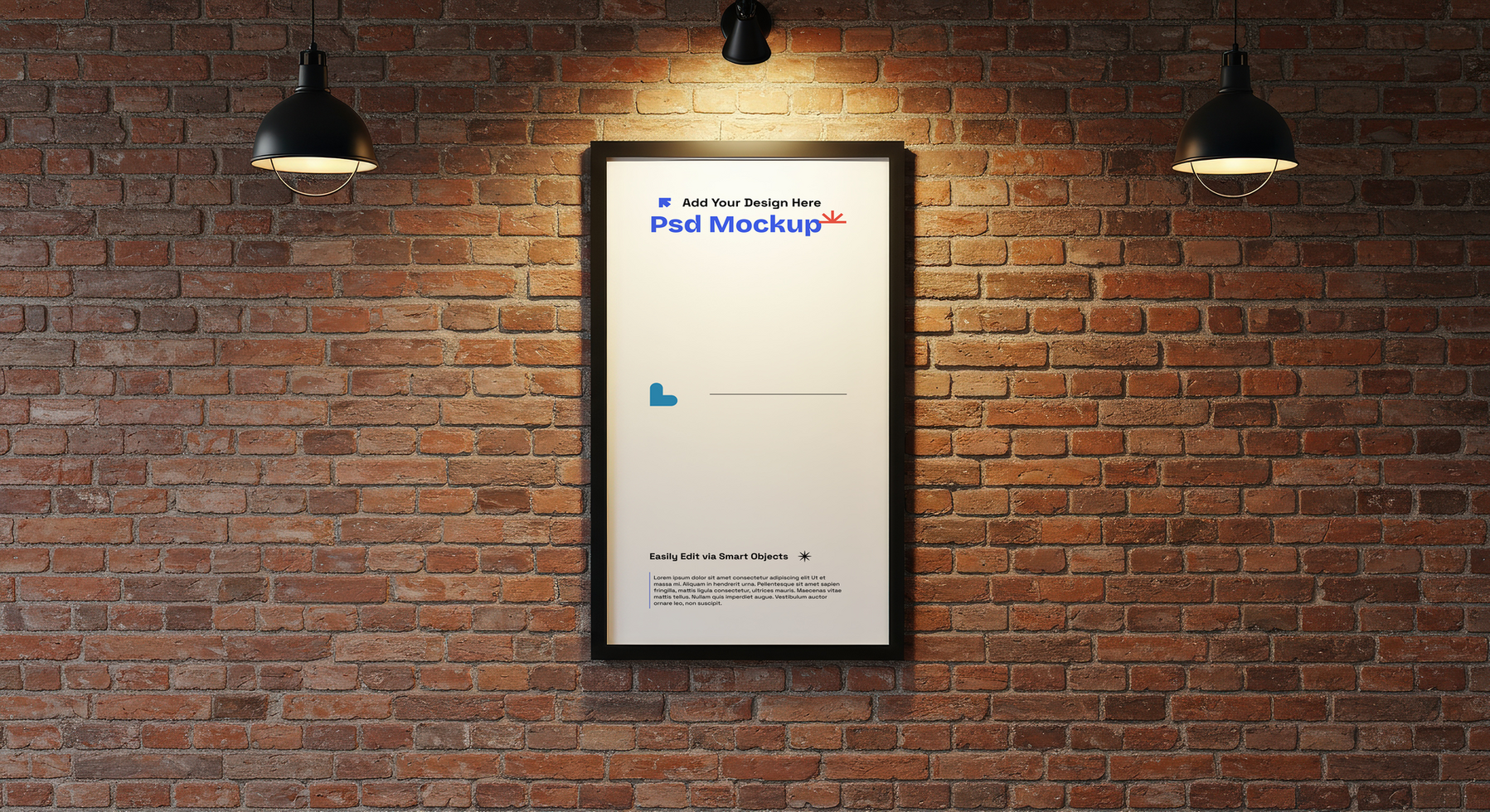 Poster Frame Mockup Hanging on Interior Brick Wall, 4K with Editable Layers psd
