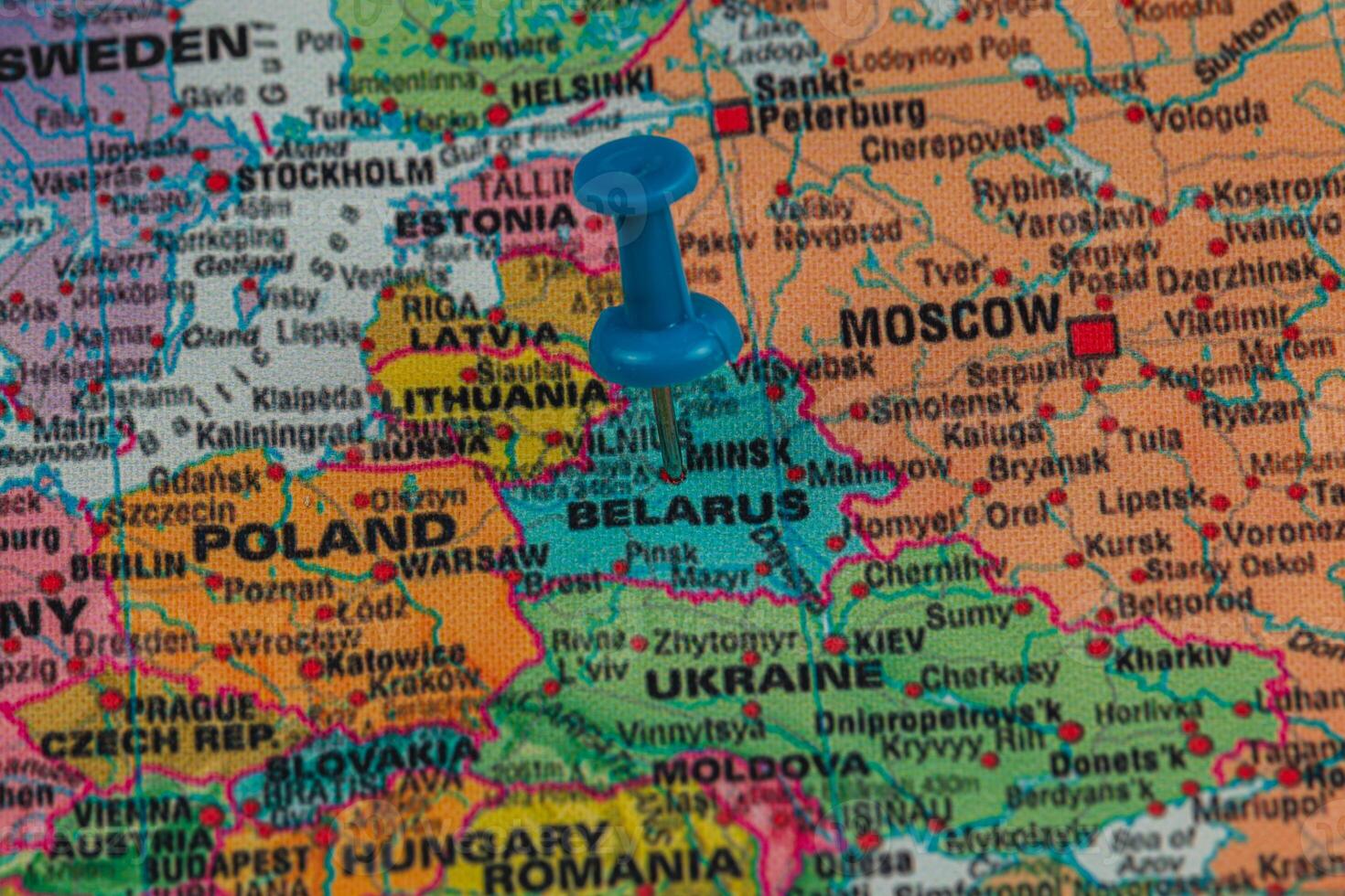 Map highlighting Belarus with a blue pushpin in Eastern Europe photo