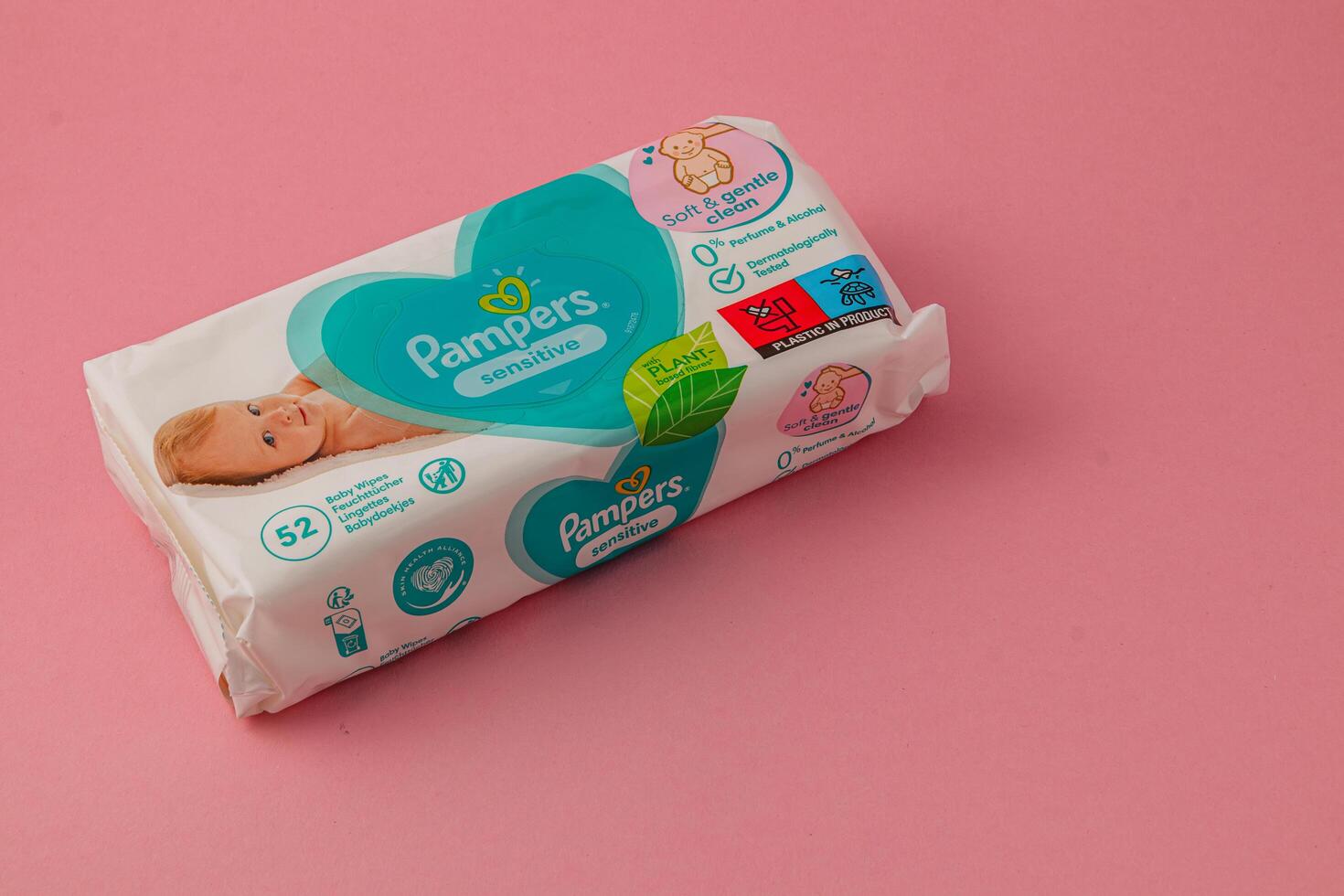 Lviv Ukraine 05.06.25 Baby wipes on a pink background for gentle cleaning photo
