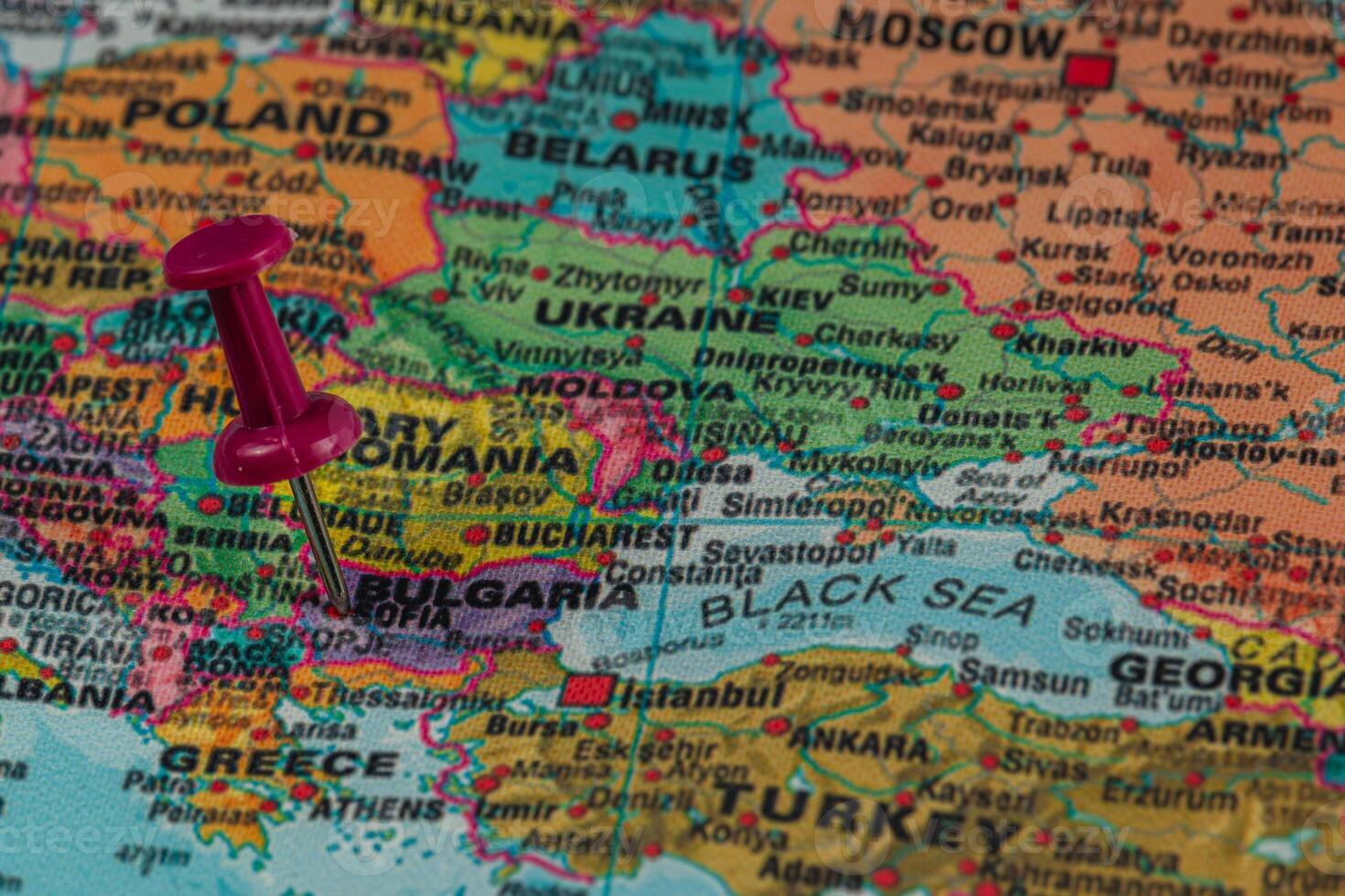 Map highlighting Bulgaria and Romania with a pushpin inserted photo