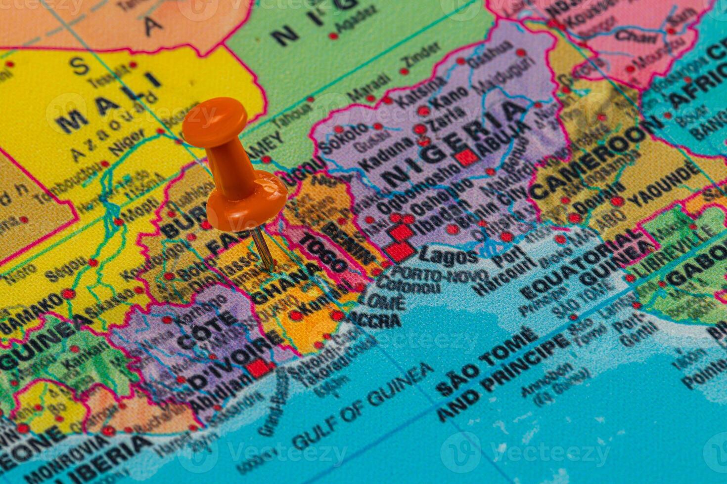 Map highlight of countries in West Africa with pin marking photo