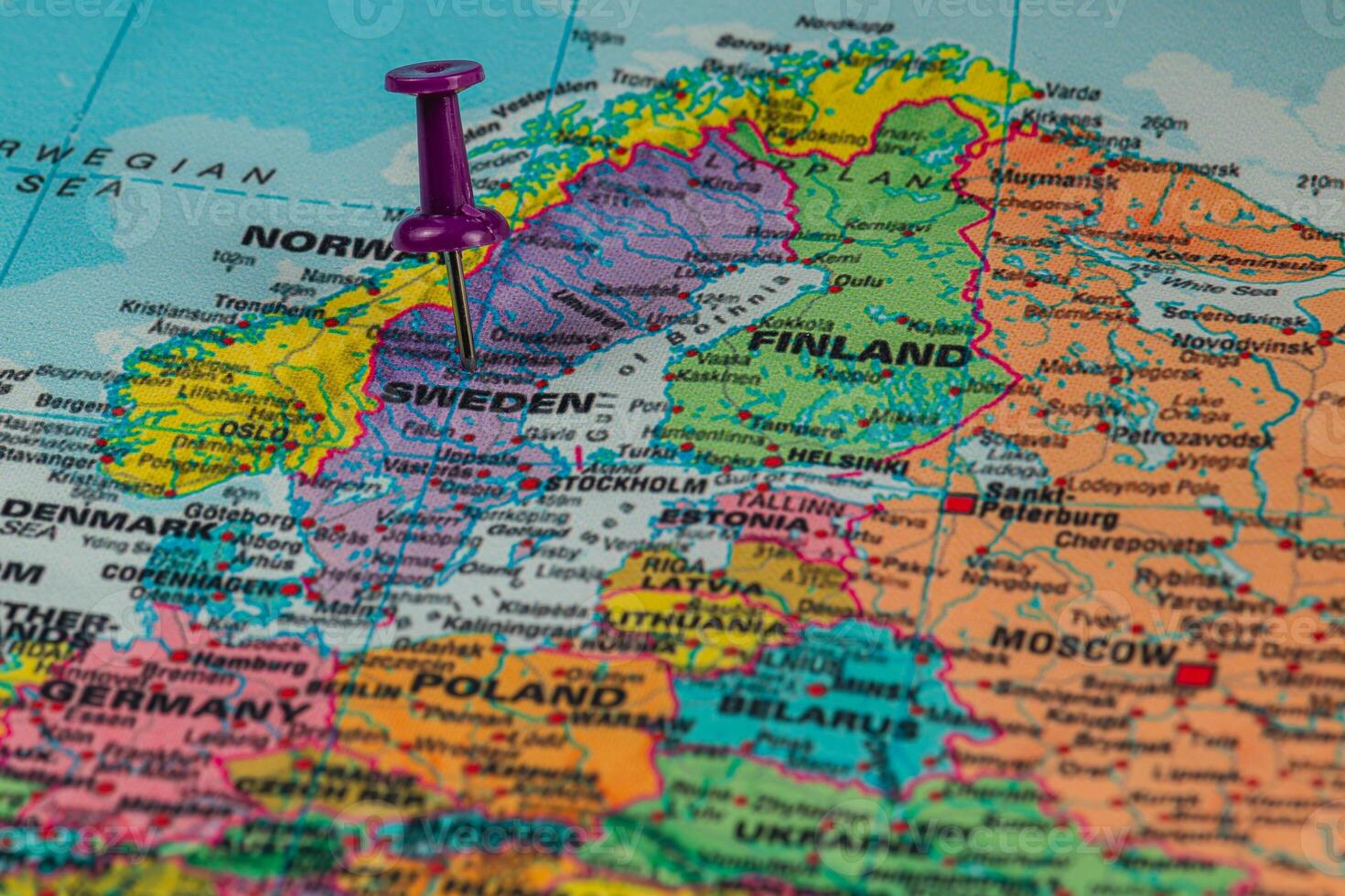 Location marked on a colorful map of northern Europe photo
