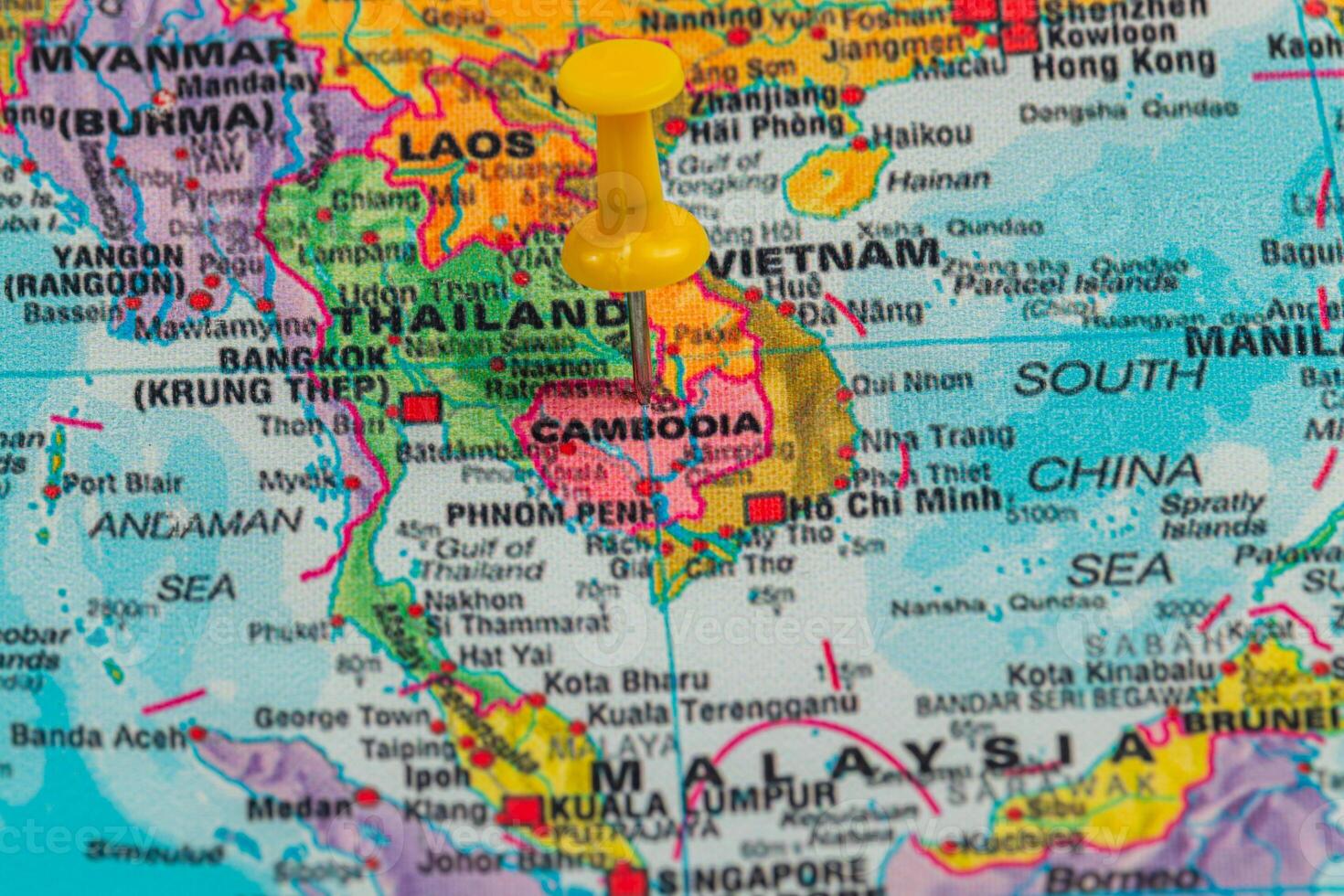 Map highlighting Cambodia with a pushpin in Southeast Asia photo