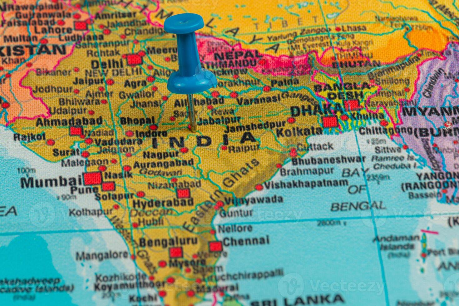 Map of India with a blue pushpin marking a specific location photo