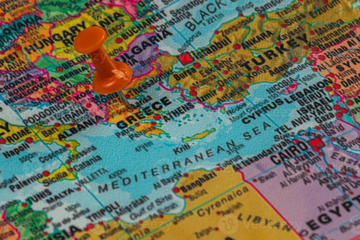 Location marker on a map of Greece in the Mediterranean region photo