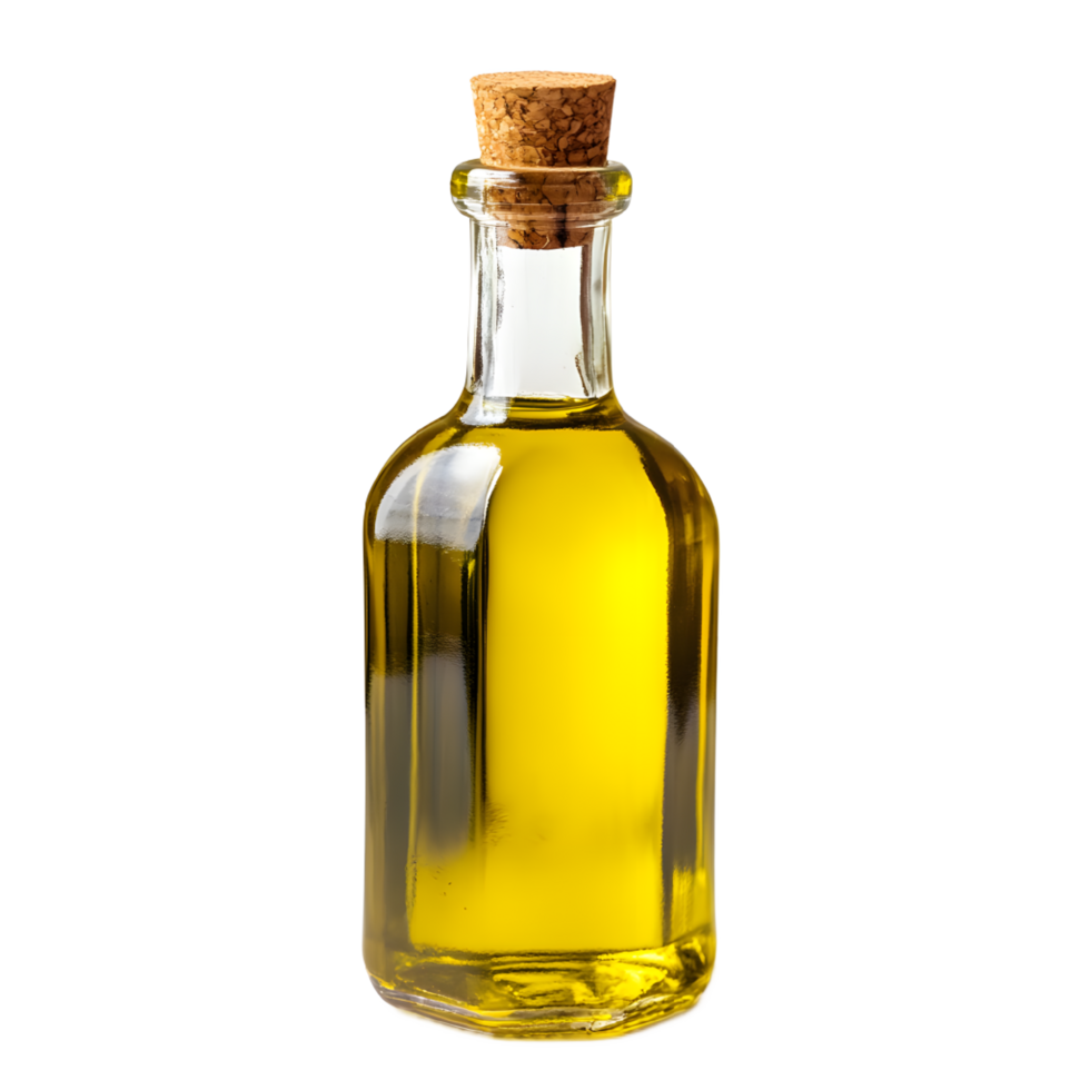 A glass bottle of golden olive oil with cork stopper. png