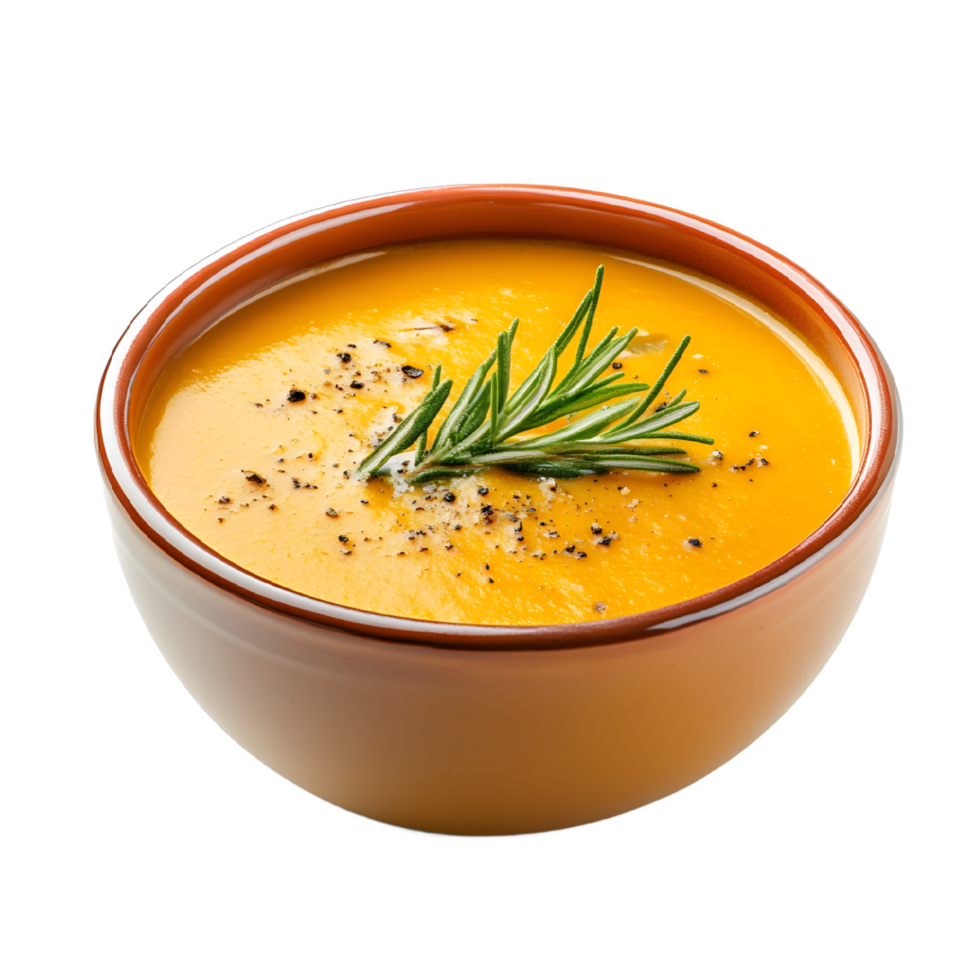 A Bowl of Creamy Pumpkin Soup garnished with Fresh Rosemary png