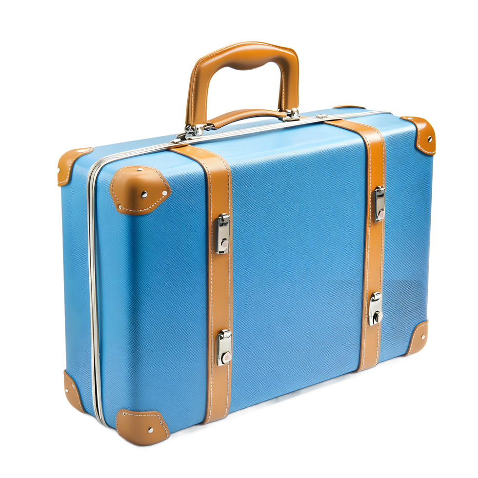 Stylish light blue suitcase with tan accents, perfect for travel. png