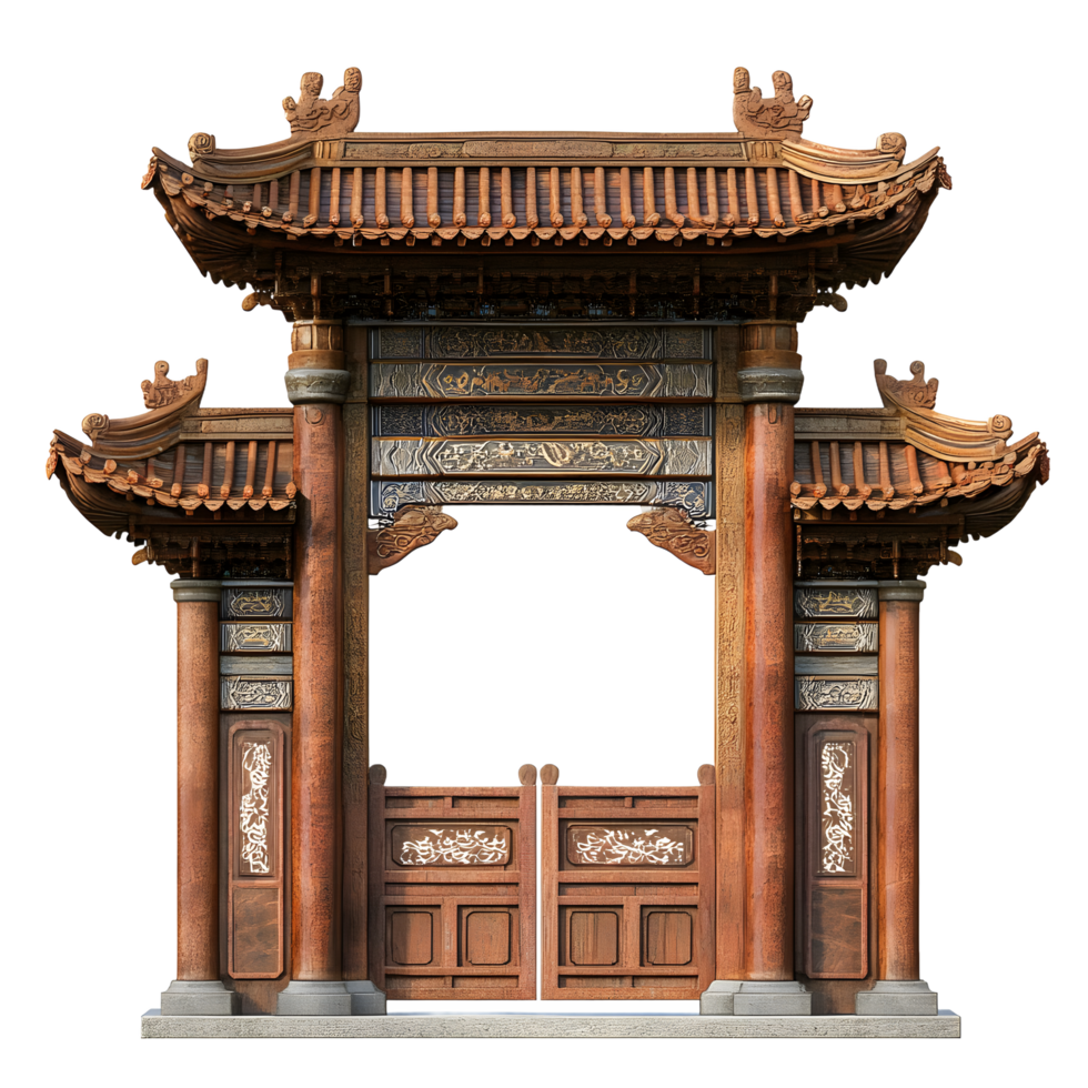 Ornate Wooden Chinese Gate Archway, Perfect for Architectural Stock Photography png