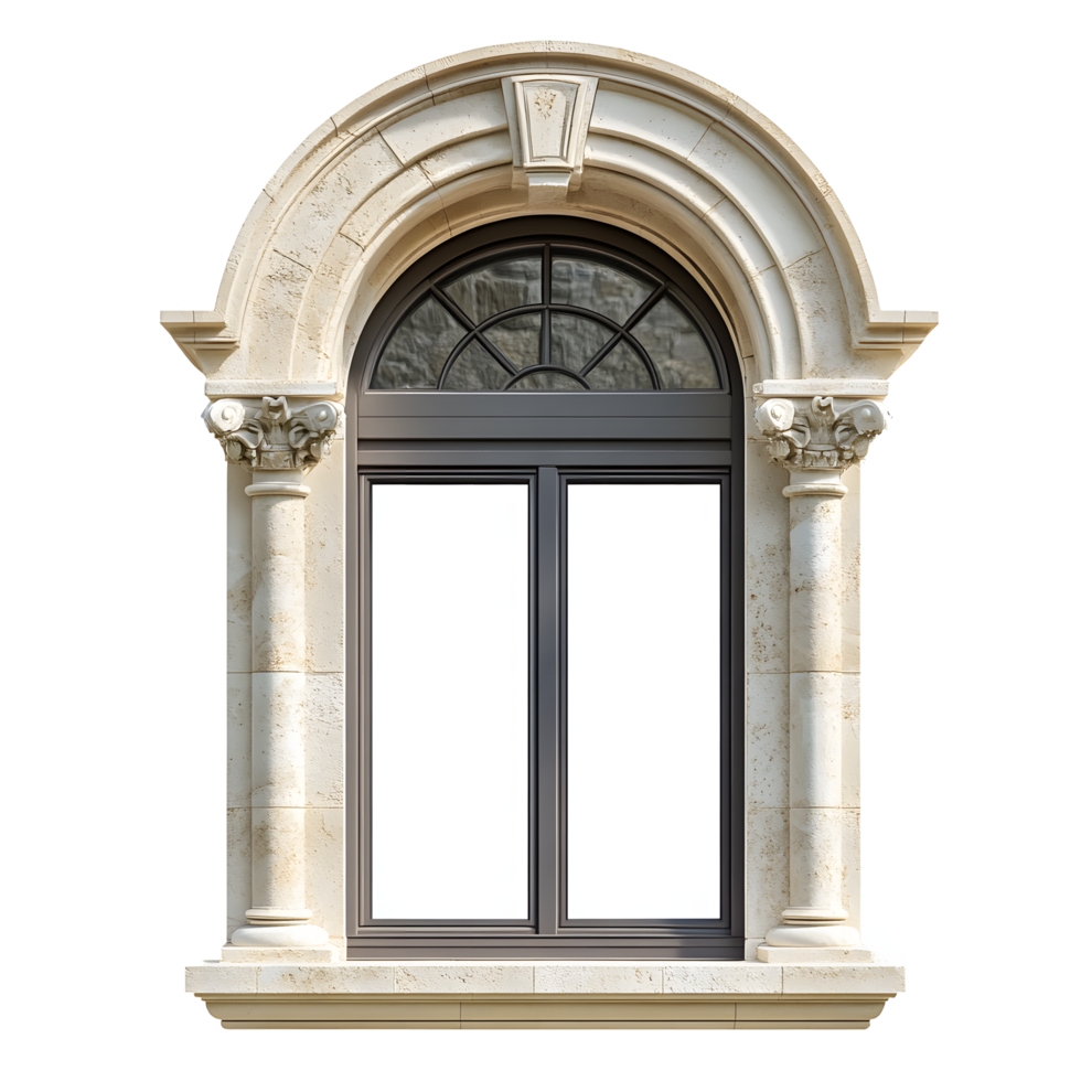 Ornate Arch Window with Dark Gray Frame against Beige Stone png