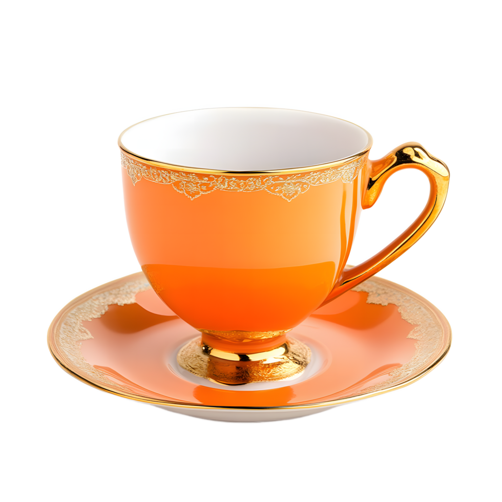 Luxurious Orange Teacup and Saucer with Gold Trim png