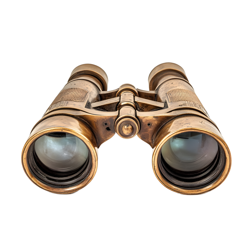 Antique brass binoculars on transparent background. png