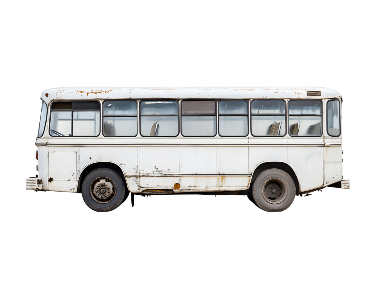 Side view of a weathered white bus, abandoned and rusty. png