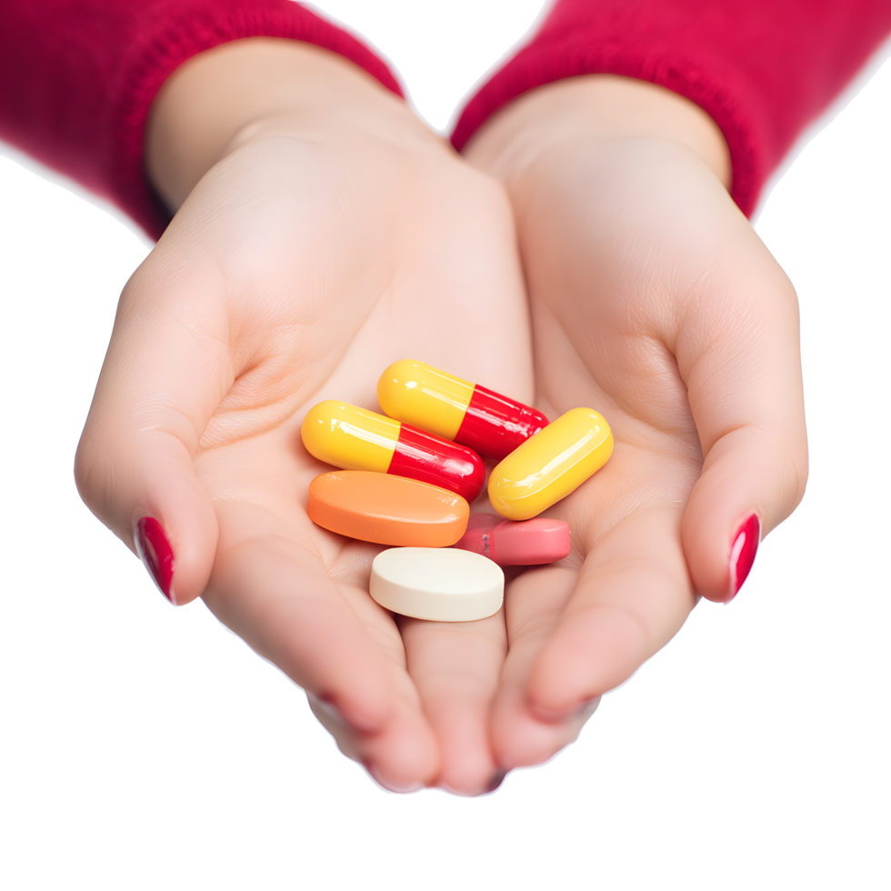 Woman's Hands Holding Assorted Pills png