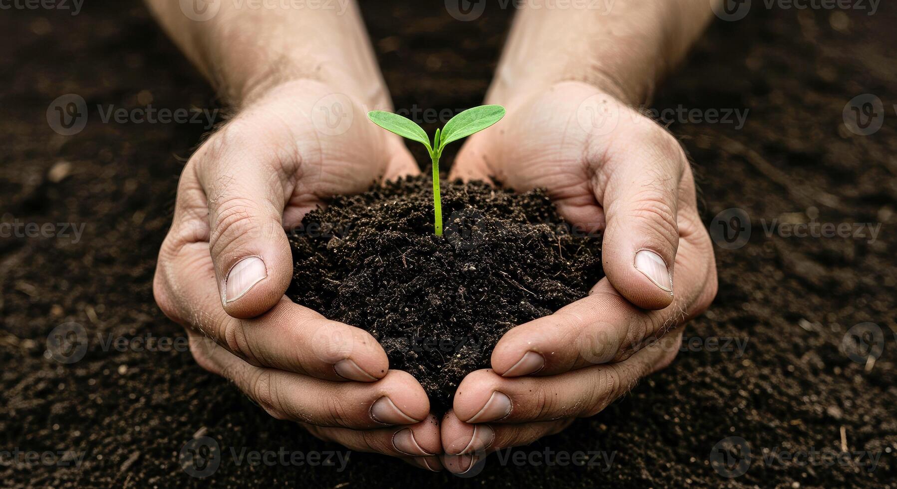 Elegant Hand Holding Soil with Tiny Sprouting Plant New Growth Concept photo