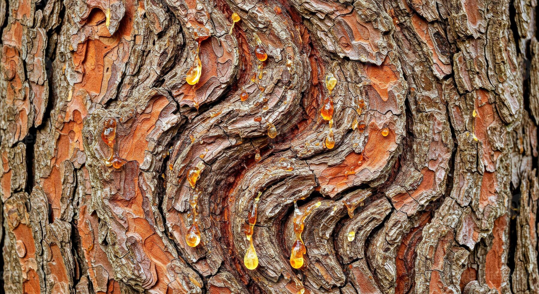Rich Brown Bark Texture with Vertical Ridges and Amber Resin Through Cracks photo