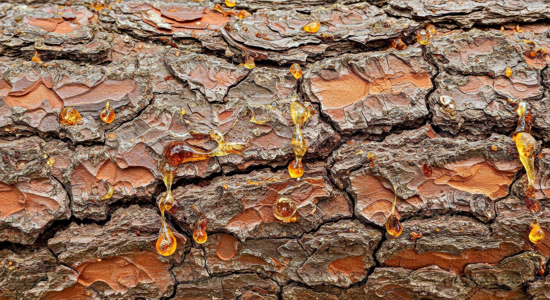 Textured Brown Tree Bark with Distinct Vertical Ridges and Natural Amber Resin photo