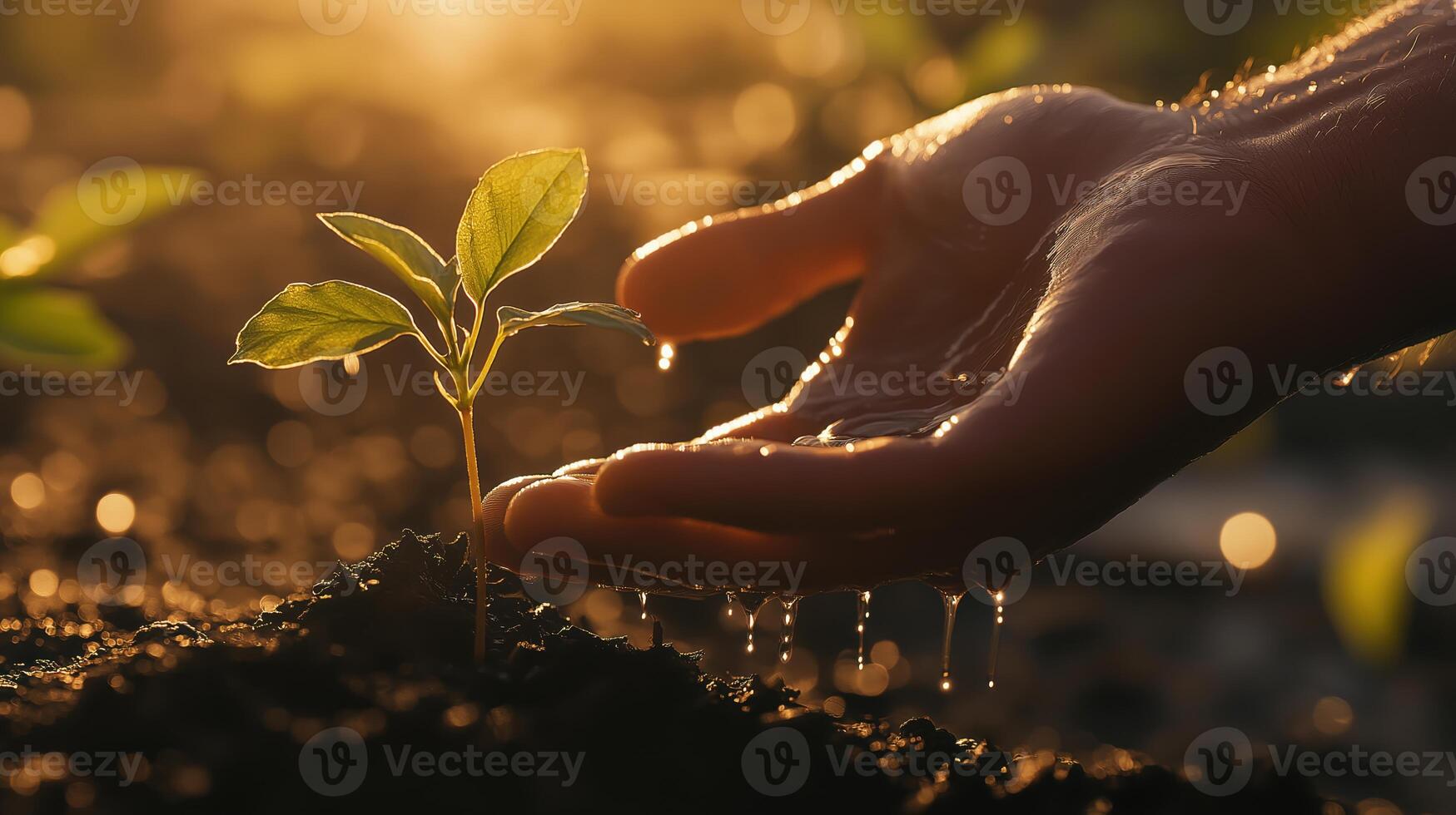 hand holding a small plant with water droplets coming out of it. The plant appears to be a young seedling with green leaves and is growing out of the soil photo