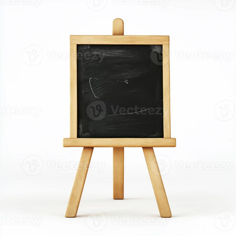 small wooden easel with a blackboard attached to it. The easel is made of light-colored wood and has four legs. The blackboard is blank and appears to be empty. photo