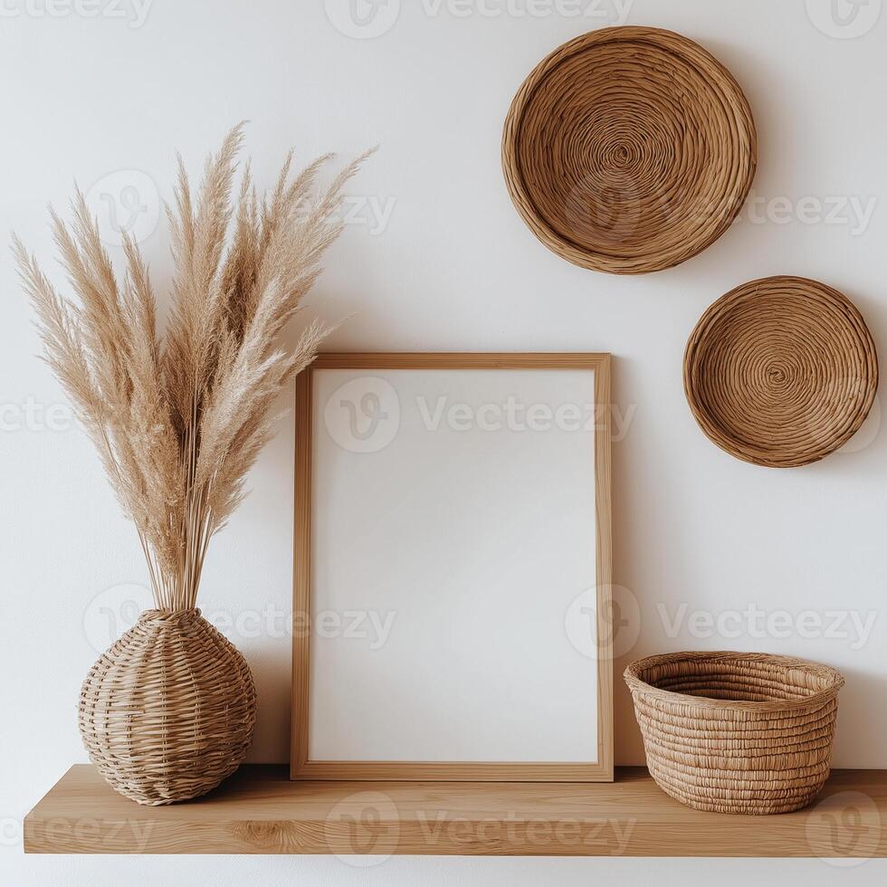 wooden shelf against a white wall. On the shelf, there is a rectangular wooden frame with a blank white background. photo
