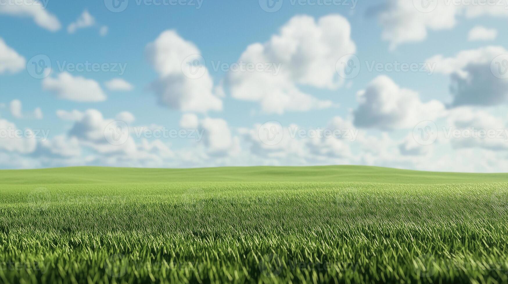landscape photograph of a vast green field with a clear blue sky in the background. The sky is filled with white, fluffy clouds that are scattered across the horizon photo