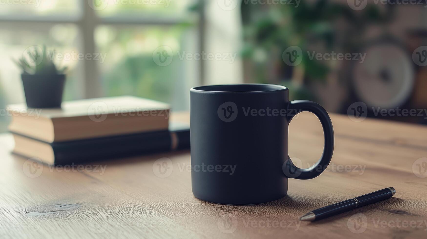 black coffee mug on a wooden table. The MUG has a handle on the right side and appears to be empty. Next to the mug, there is a stack of books and a pen photo