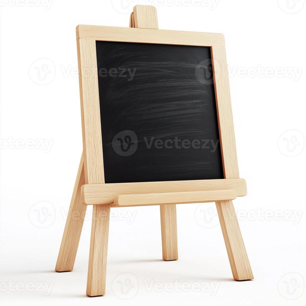 small wooden easel with a blackboard attached to it. The easel is made of light-colored wood and has four legs. The blackboard is blank and appears to be empty photo