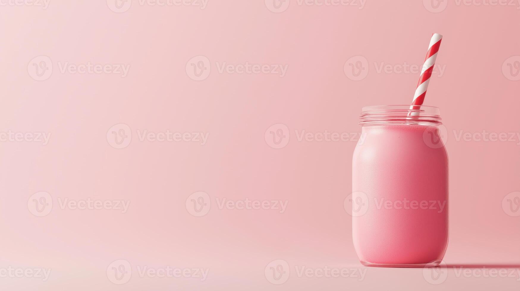glass jar with a red and white striped straw. The jar is filled with a pinkish-red smoothie or milkshake. The background is a light pink color photo