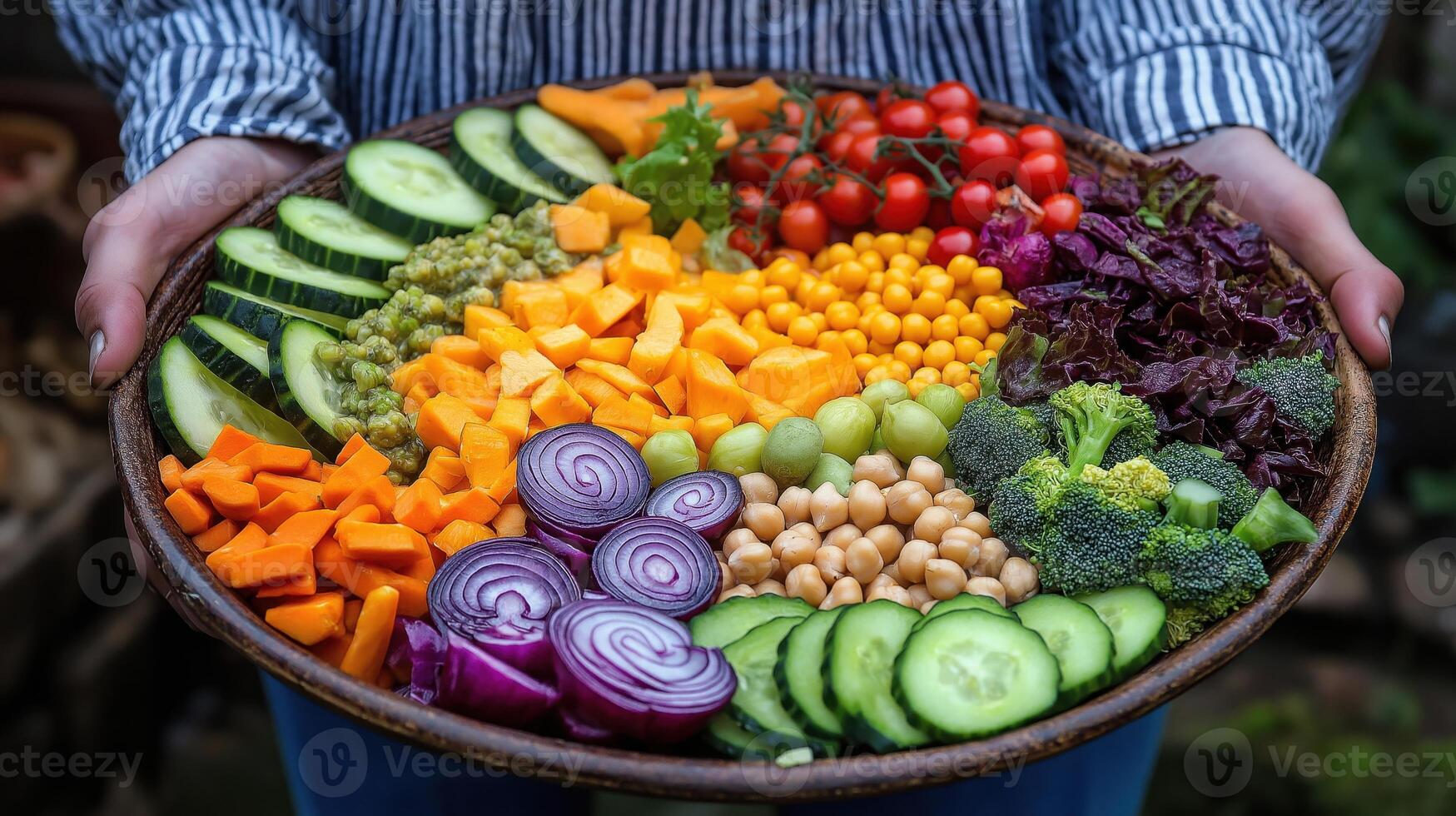 person holding a large bowl of fresh salad in their hands. The bowl is filled with a variety of colorful vegetables and fruits. photo