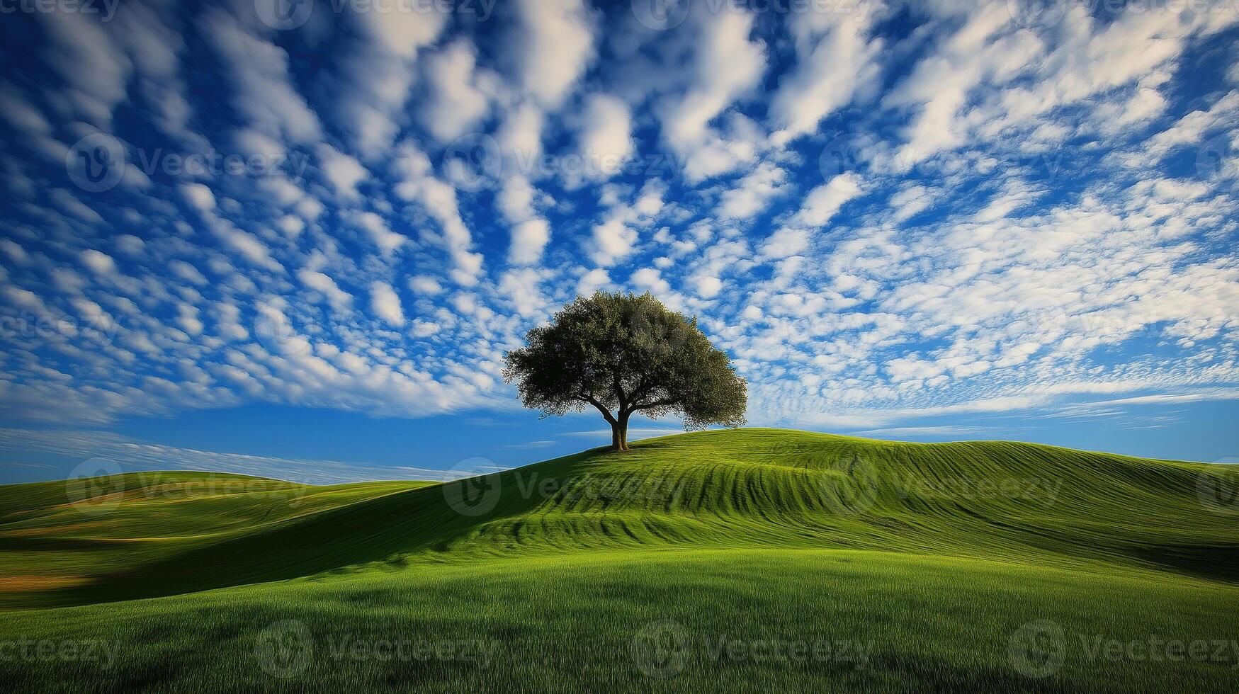 landscape photograph, On the right side of the image, there is single tree on a green hill. The sky is a bright blue with white fluffy clouds photo