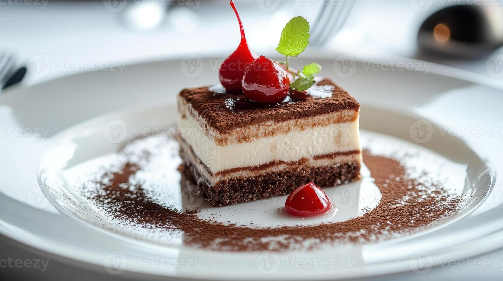 A piece of chocolate cake with a cherry on top photo