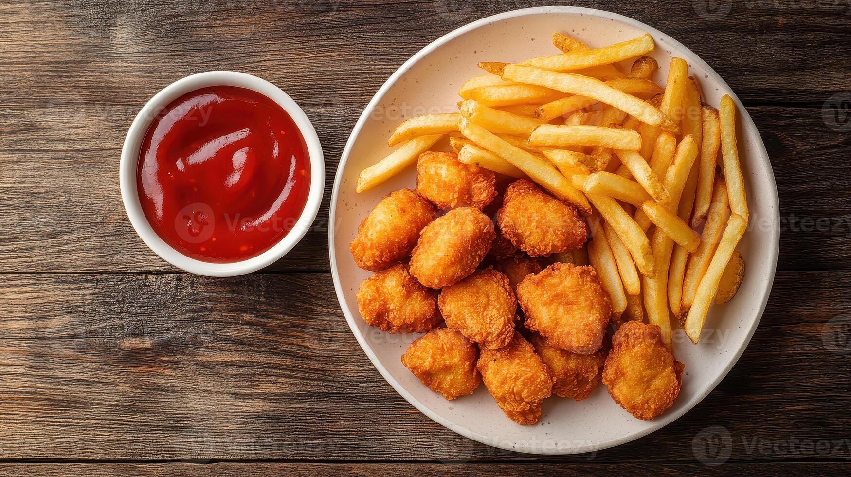 Delicious golden chicken nuggets served with crispy fries and ketchup on a wooden table photo