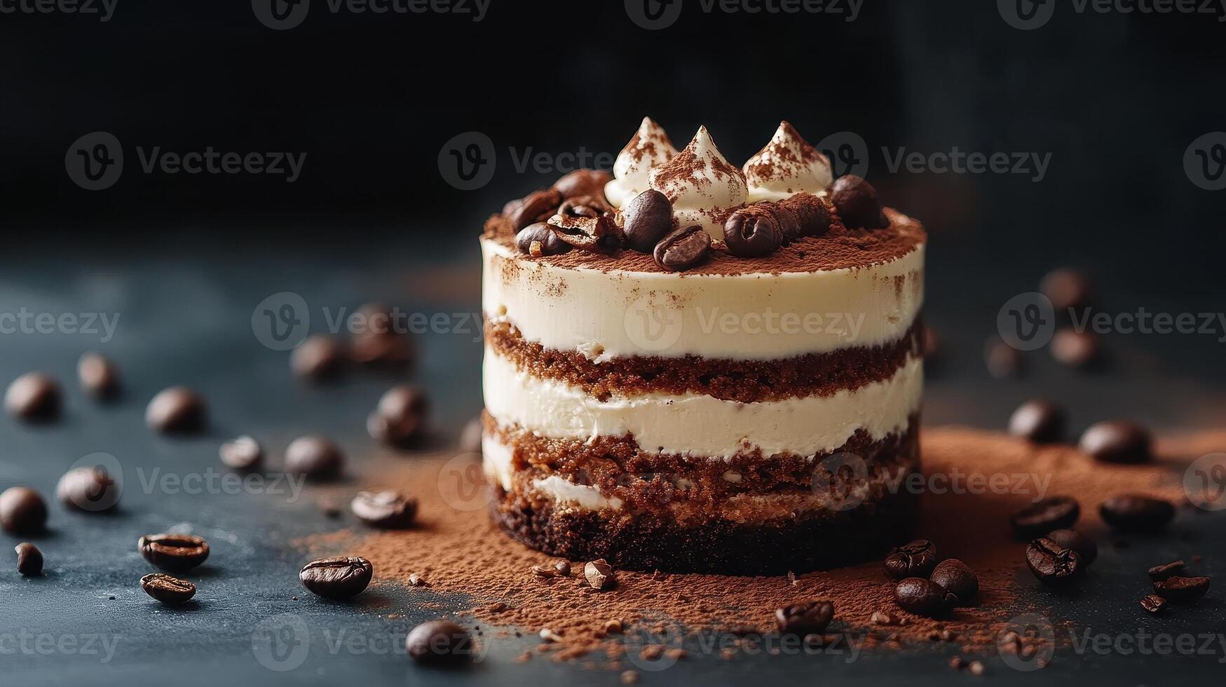 Delicious layered cake topped with coffee beans in a dark setting with a sprinkle of cocoa powder photo
