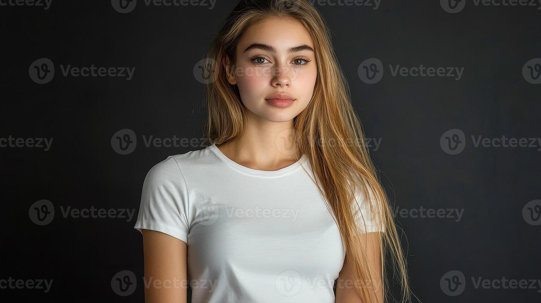 Young woman poses in simple white shirt against a dark background in a soft light setting photo