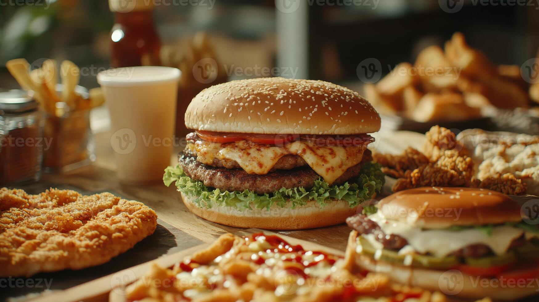 A table with a hamburger, fries and other food photo