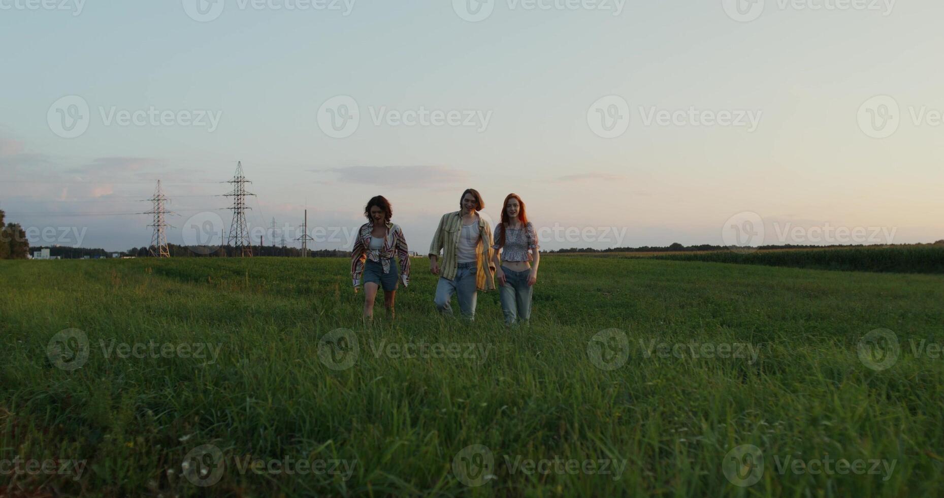 Three young people are talking while walking in a field on a summer day photo