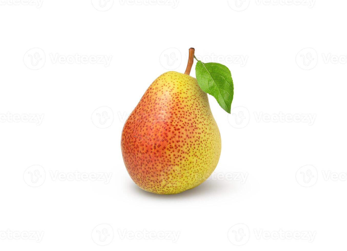 Yellow pear isolated. Red pear with leaf on white background. photo