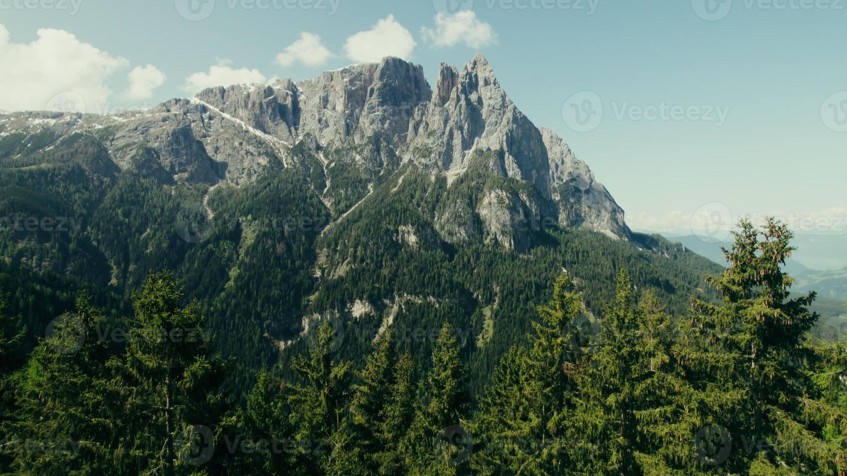 Drone view of a high-altitude valley with rocky peaks and slopes overgrown with spruce forest - forest photo