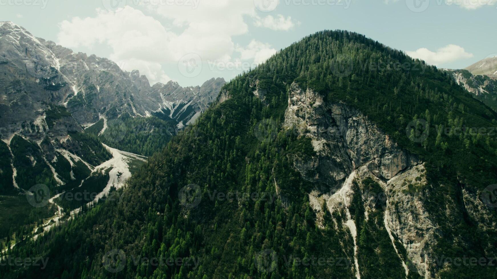 Rocky mountain peak, overgrown with dense spruce forest, bird's-eye view from a drone, high-altitude valley - spruce photo