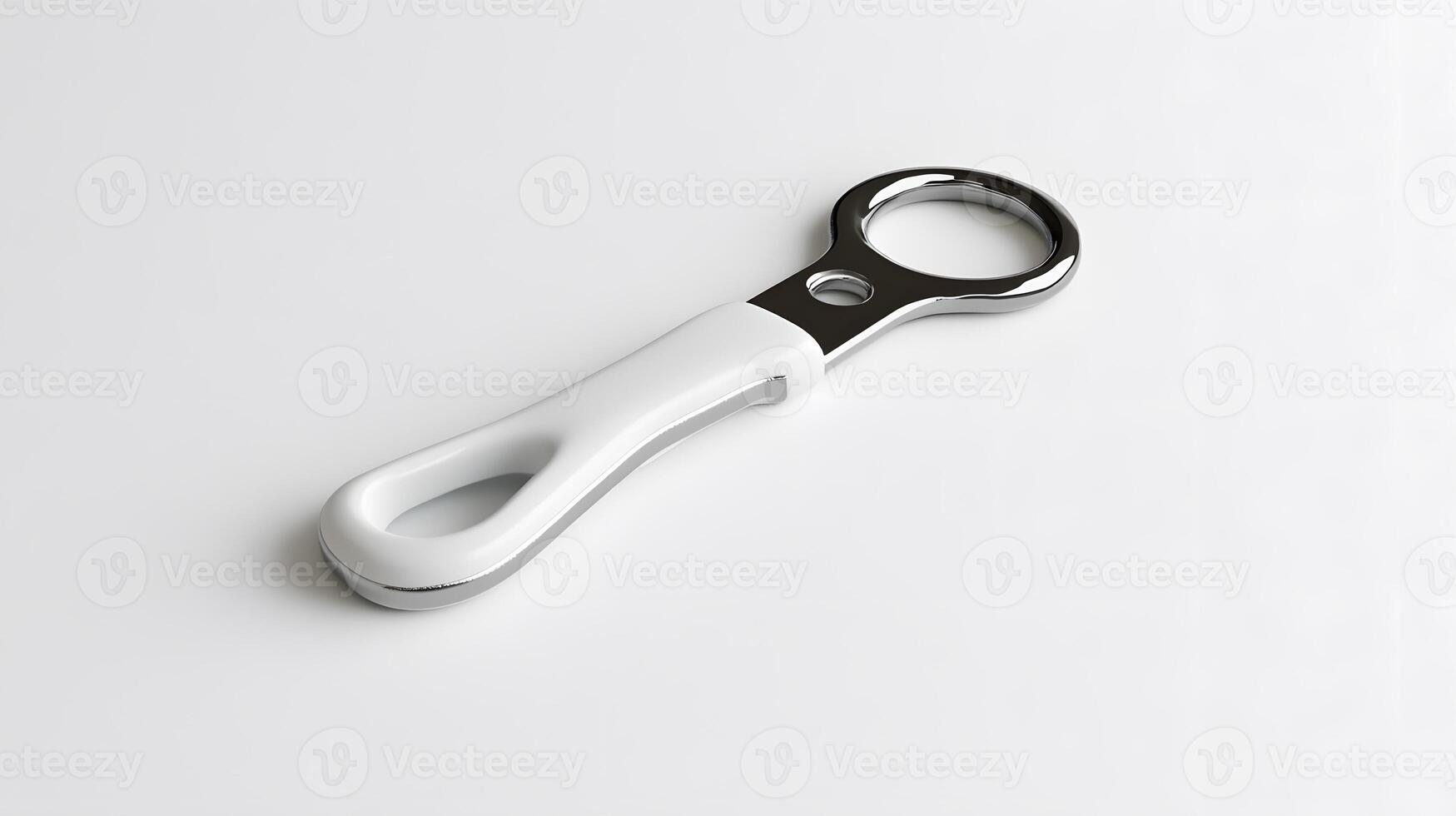 A white and black key chain with a metal handle photo