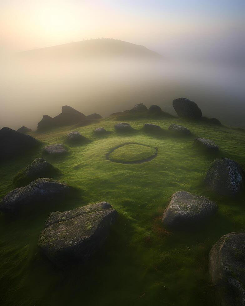 A stone circle is surrounded by rocks and grass photo