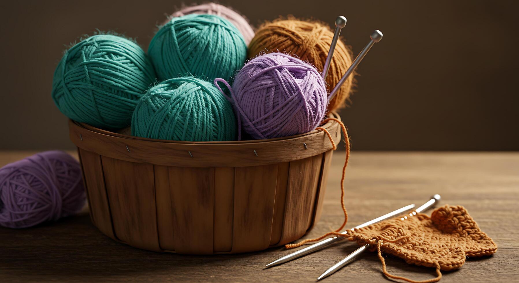 A basket of yarn and knitting needles photo